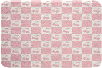 Feelyou Checkered Bathroom Rugs Cherry Pink Bath Mats Microfiber Plaid Bathroom Accessories Checkerboard Cherry Floor Doormats Non-Slip 16"x24" Soft