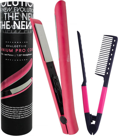 Evalectric Pro Titanium Flat Iron – 1.25” Titanium Hair Straightener with Floating Plates - Negative Ion Technology for Frizz-Free Shine - Dual Voltage - Travel Friendly - Pink