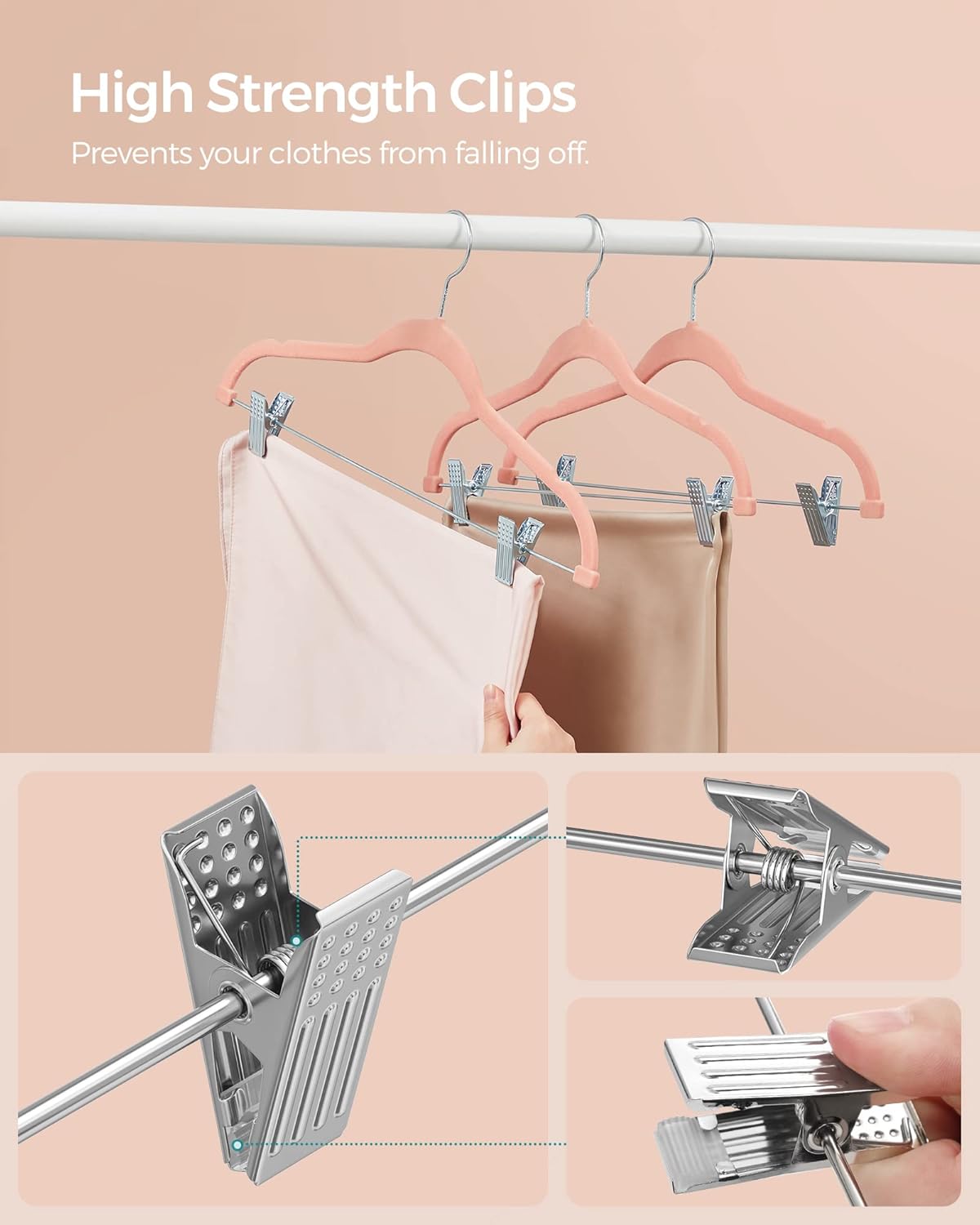 SONGMICS 30-Pack Pants Hangers, 16.7-Inch Long Velvet Hangers with Adjustable Clips, Heavy-Duty, Non-Slip Skirt Hangers, Space-Saving for Pants, Skirts, Coats, Dresses, Light Pink UCRF12PK30