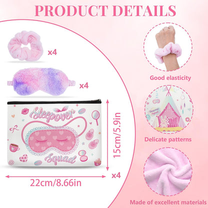 12 Pcs Slumber Party Supplies for Girls, Sleepover Party Supplies Includes 4 Pink Plush Eye Masks, 4 Hair Bands and 4 Double-Sided Printed Makeup Bags for Spa Birthday Party, Pajama Favors