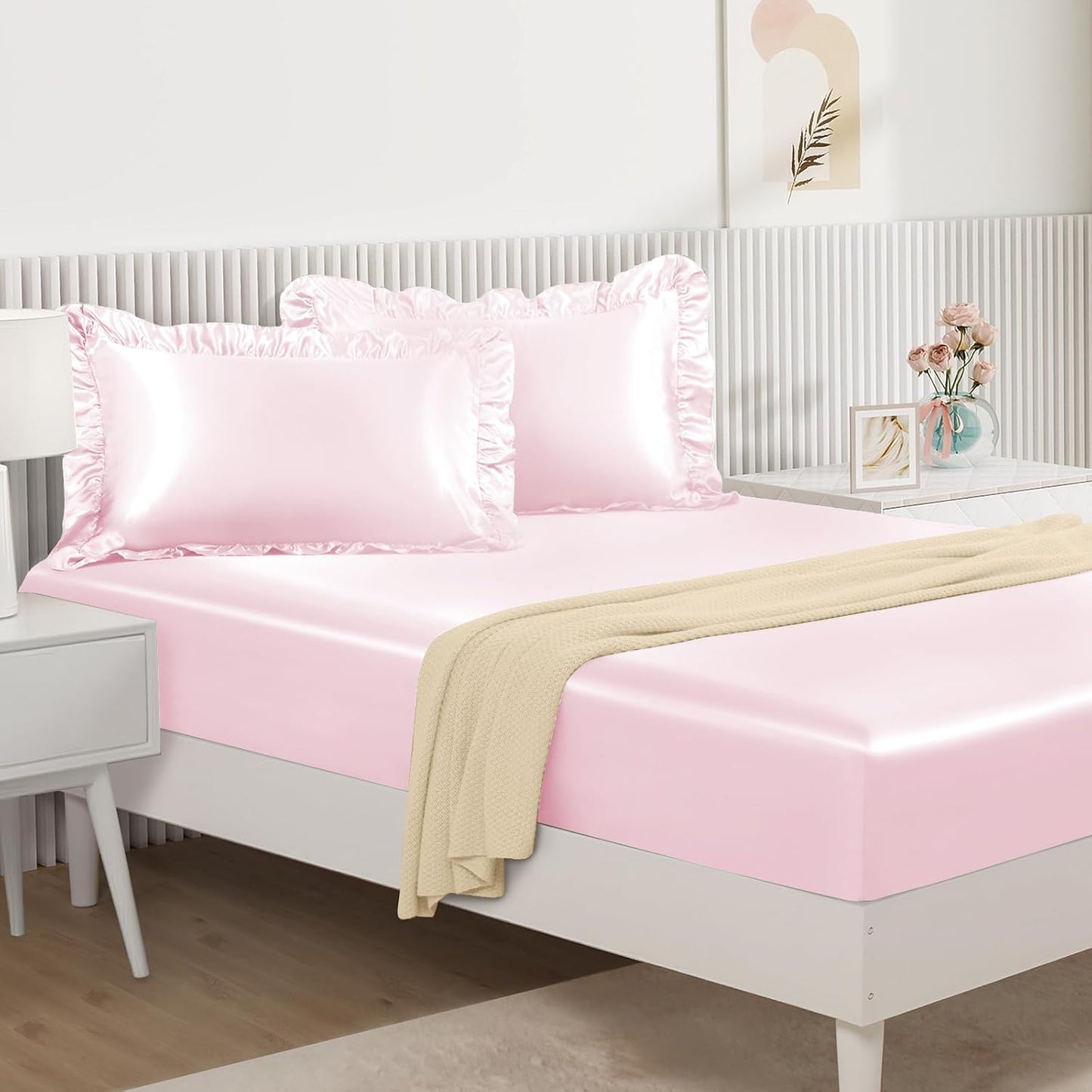 Homiest 3-Pieces Ruffle Pillow Case & Satin Fitted Sheet Set, Blush Pink Full Satin Sheets with 2 Ruffled Pillow Shams, 15 Inch Deep Pocket, Cute & Coquette Silk-Like Bed Set for Decorating Bedroom