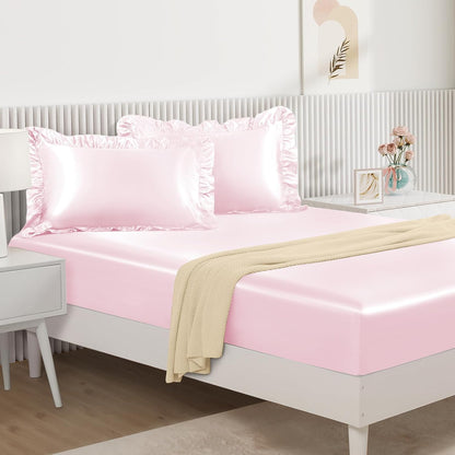 Homiest 2-Pieces Ruffle Pillow Case & Satin Fitted Sheet Set, Blush Pink Twin Satin Sheets with Ruffled Pillow Shams, 15 Inch Deep Pocket, Cute & Coquette Silk-Like Bed Set for Decorating Bedroom