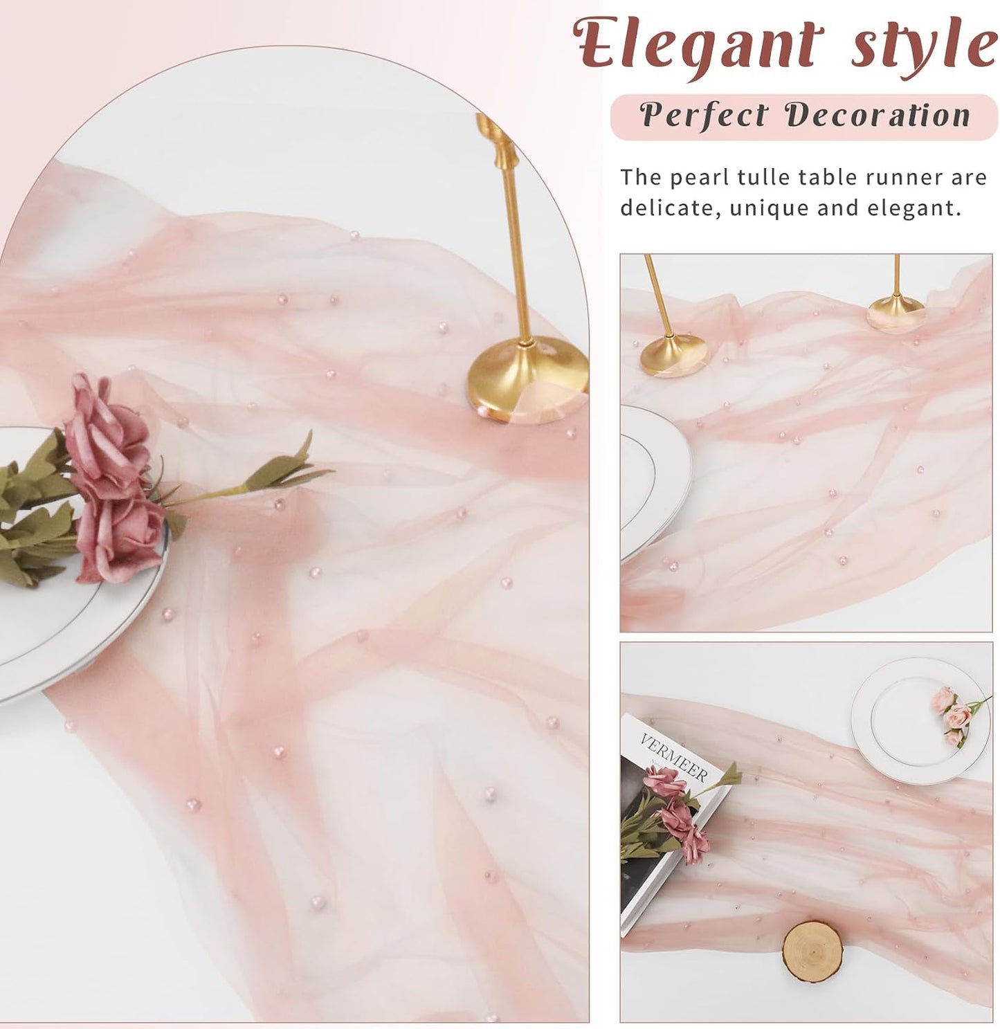 Set of 6 Pearl Valentine's Day Table Runner 29 x 120 Inch Dusty Pink Boho Rustic Tulle Fabric Lace Table Runners for Bridal Shower Birthday Party Wedding Arch Dessert Table Decor(Dusty Pink)