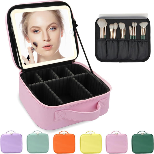 Makeup Bag with Led Mirror,Large Vanity Makeup Cases with 3 Color Setting,Portable Storage and Adjustable Dividers,for Women and Makeup Artists Cosmetic Organizer Travel Makeup Bag-Light Pink