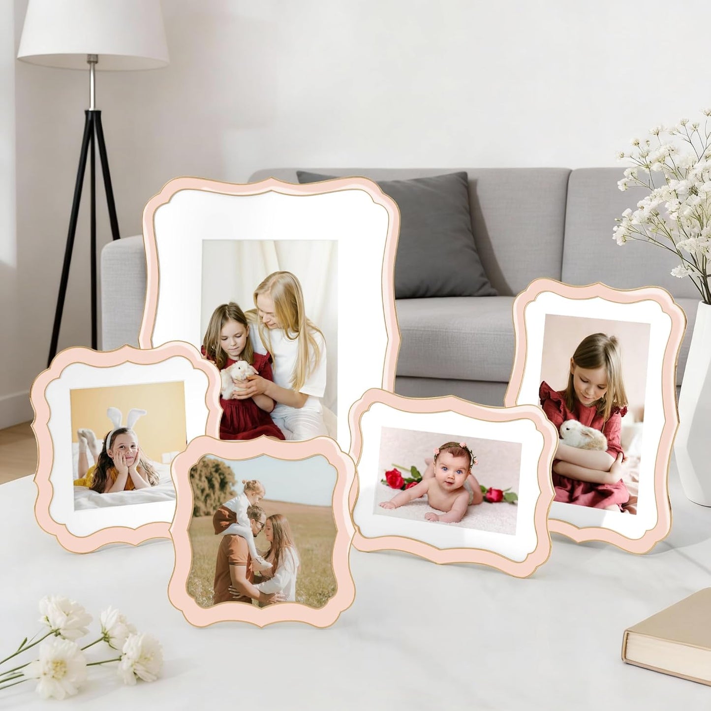 Venusmiles 5x7 Enamel Picture Frame with Mat to 4x6, Wavy Cloud Border, Gold Metal Edge Easel, Real Glass Photo Frame for Wall and Tabletop Display Family Office Photo Gallery, Pink Enamel/1pc