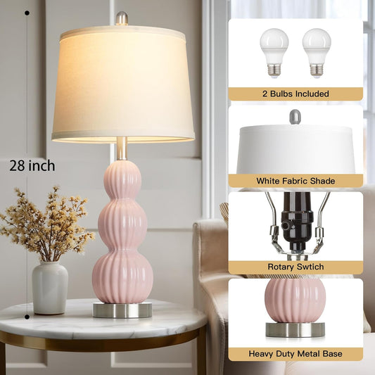 28" Pink Ceramic Table Lamps Set of 2, Modern Bedside Lamps for Night Stands, Triple Gourd Table Lamp for Living Room End Table or Bedroom Nightstand (2 LED Bulbs Included)