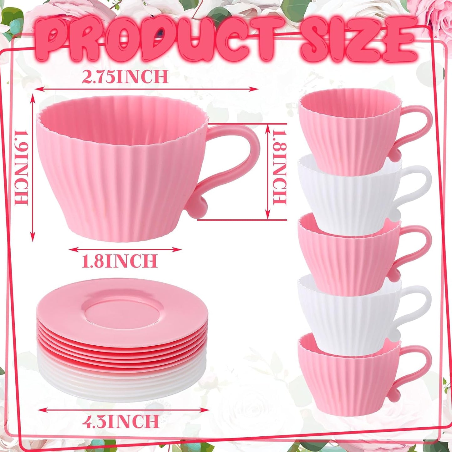 Vesici 24 Pcs Silicone Teacup Cupcake Molds Muffin Cups for Baking, Teacup Cupcake Liners, Reusable Baking Muffin Liners for Bridal Baby Shower Birthday Tea Party, 12 Cups 12 Saucers, White and Pink