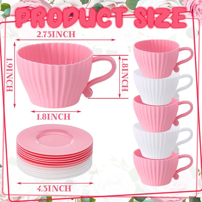 Vesici 24 Pcs Silicone Teacup Cupcake Molds Muffin Cups for Baking, Teacup Cupcake Liners, Reusable Baking Muffin Liners for Bridal Baby Shower Birthday Tea Party, 12 Cups 12 Saucers, White and Pink
