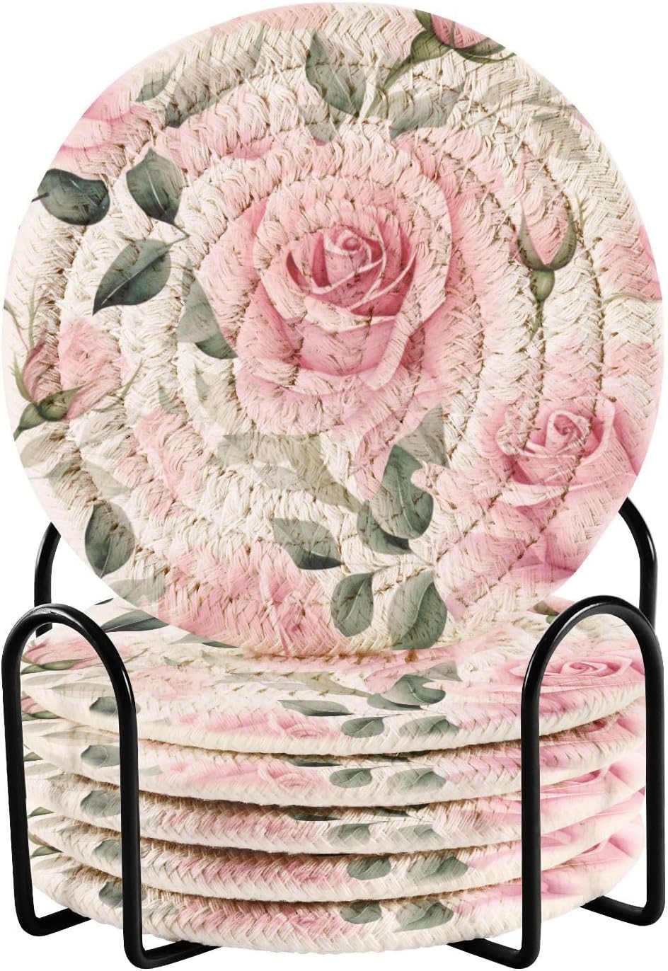 Pink Roses Coasters with Holder 6 Pcs for Drink Cup Table Home Decor Bar Housewarming Gift