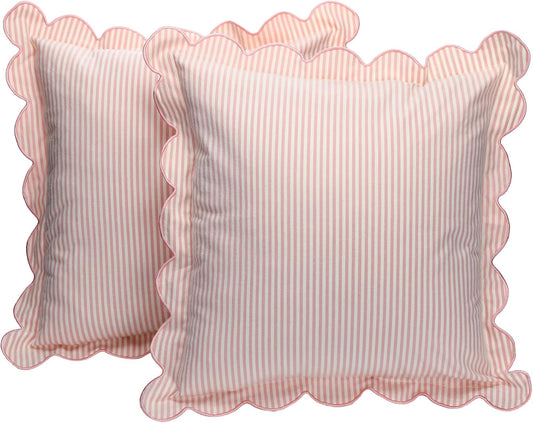 Newwiee 2 Pack Scalloped Pillow Cover 20 x 20 Inch Pink Stripe Throw Pillow Cover Cotton Decorative Pillowcase for Women Men Couch Living Room Cushion Indoor Outdoor Decoration