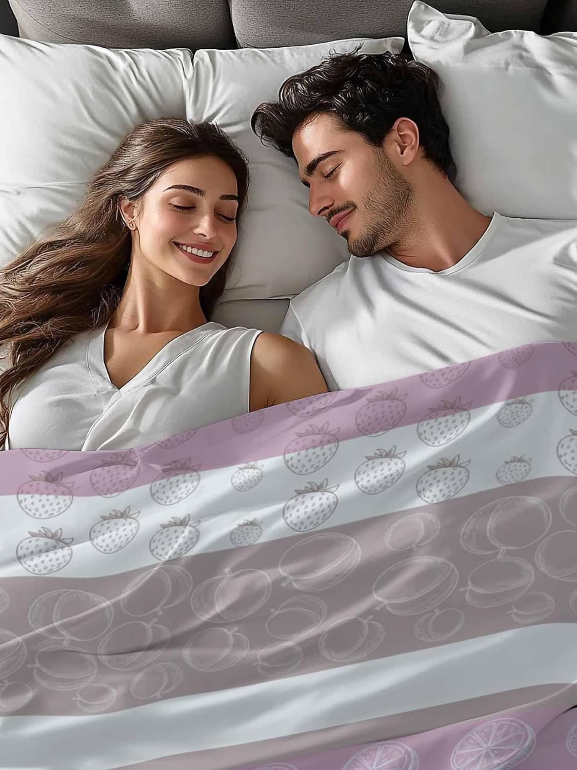Farm Fruits Flat Sheets Only Queen Size, Soft Breathable Bed Top Sheets for Mattress, Watermelon Lemons Peach Pink Grey Striped Luxury Bedding Flat Sheets for Home Hotel Bedroom Bed Protection