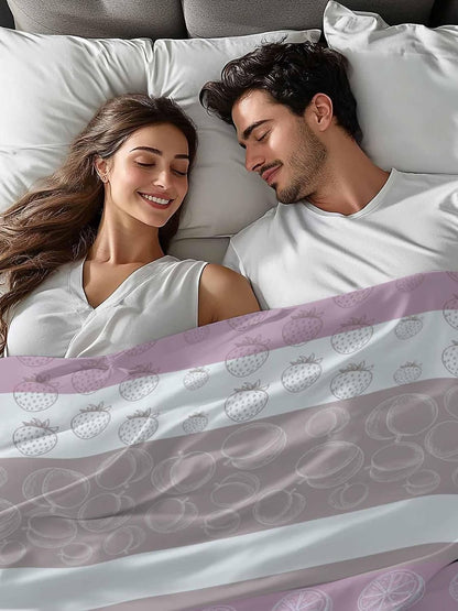 Farm Fruits Flat Sheets Only Queen Size, Soft Breathable Bed Top Sheets for Mattress, Watermelon Lemons Peach Pink Grey Striped Luxury Bedding Flat Sheets for Home Hotel Bedroom Bed Protection