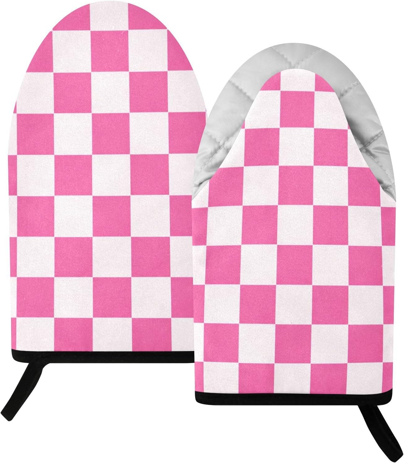 Oven Mitt 2 Pack Set White and Pink Checkered Plaid Kitchen Mitts Gloves for for Cooking Baking Grilling