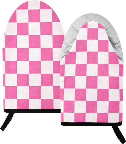 Oven Mitt 2 Pack Set White and Pink Checkered Plaid Kitchen Mitts Gloves for for Cooking Baking Grilling