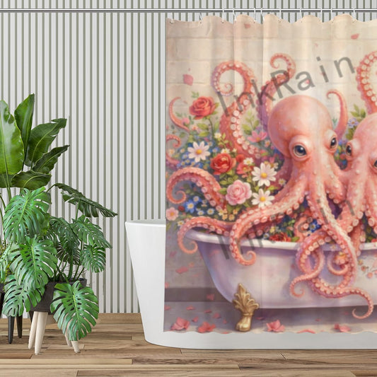 InkRain Pink Octopus Floral Bathtub Shower Curtain 72x72 Inch with 12 Hooks Vintage Bathroom Decor Cute Ocean Animal Art Waterproof Fabric Curtain