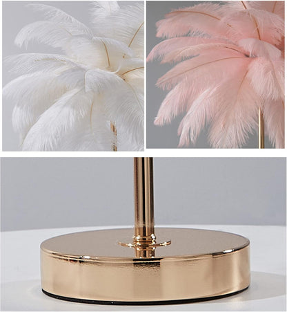 Natural Ostrich Feather Floor Lamp, 3-Way Color Temperature,Simple Modern Bedroom and Living Room Standing Lamp, Golden Lamp Body, G4-LED Bulb (Pink)