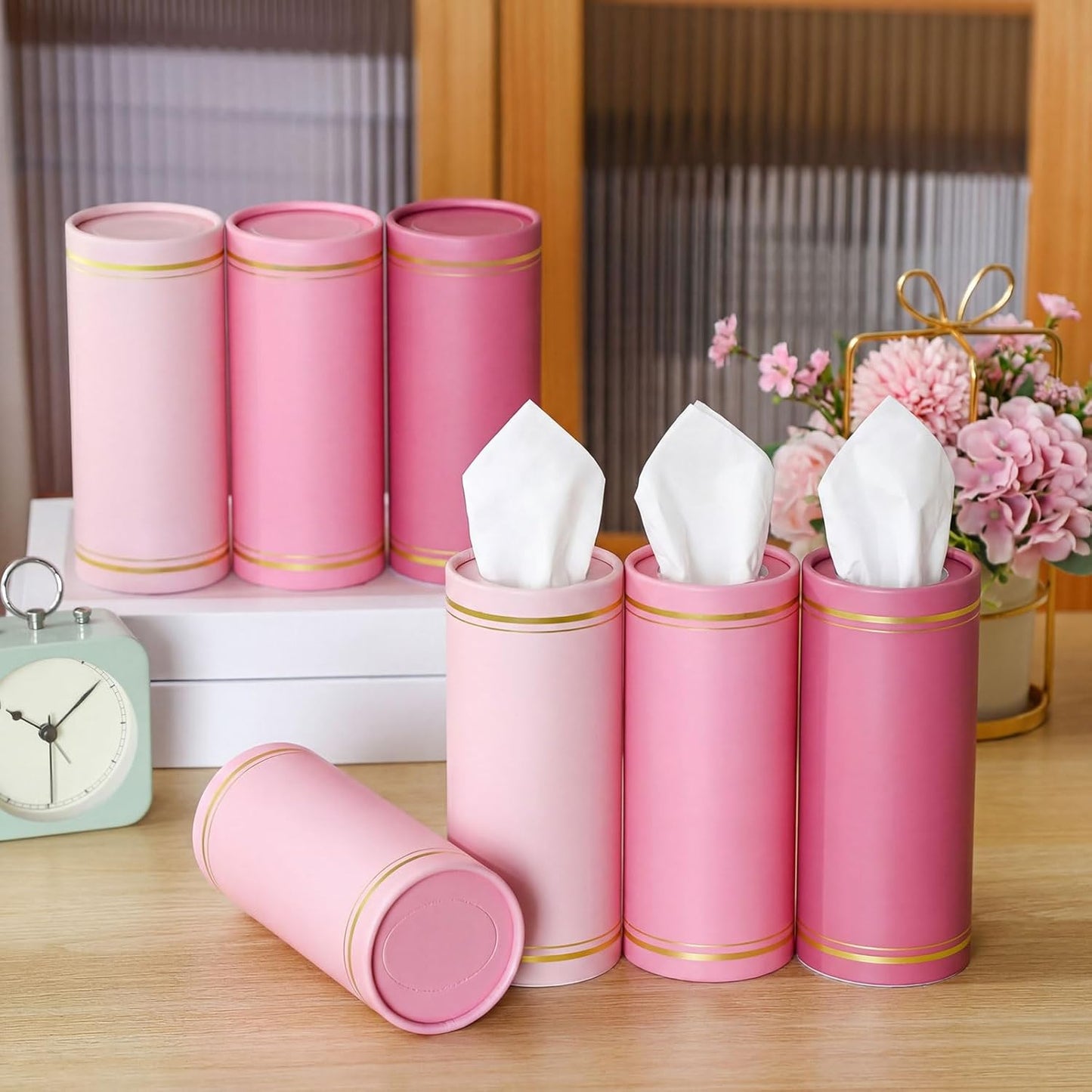 Fourluoo 12 Pack Car Tissue Cylinder Holder Bulk with 3 Ply Facial Tissues, Round Napkin Holders for Cup Holder Cylinder Travel Paper Tubes Bulk Round Napkin Boxes Packs(Pink)