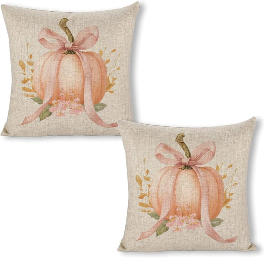 Pastel Peach Pumpkin Large Pink Bow Pillow Covers 18x18 Set of 2, Throw Pillows Covers Linen Cushion Case for Couch Sofa Farmhouse Decor
