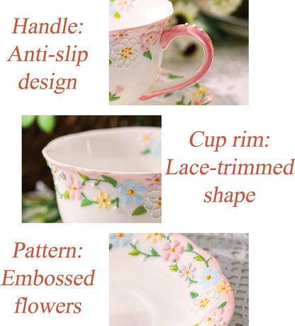 Handmade Ceramic Cup and Saucer Set, 7 Oz Flower Bone China Cappuccino & Tea & Latte Coffee Cup For Women Tea Party & Christmas & Mother's Day(1 Set, Pink)