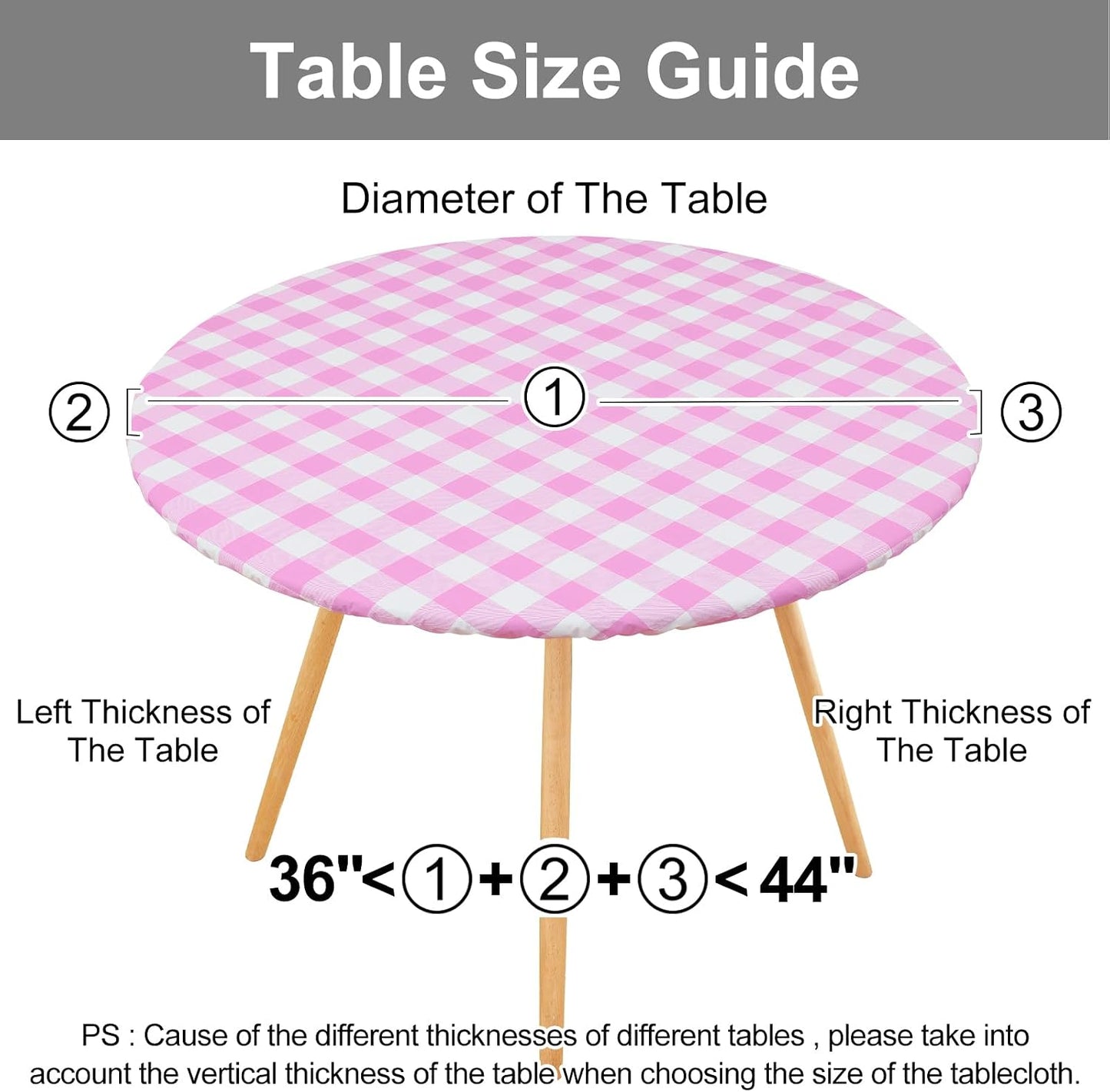 Smiry Round Picnic Tablecloth, Elastic Waterproof Fitted Vinyl Tablecloths for 36"-44" Tables, Flannel Backed Buffalo Plaid Table Cover for Dining, Camping, Outdoor, White and Pink