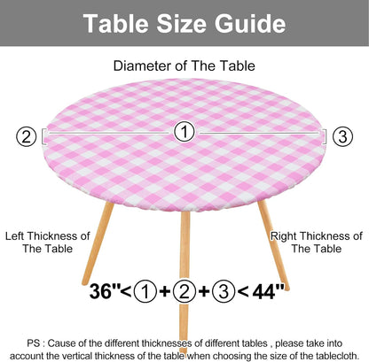 Smiry Round Picnic Tablecloth, Elastic Waterproof Fitted Vinyl Tablecloths for 36"-44" Tables, Flannel Backed Buffalo Plaid Table Cover for Dining, Camping, Outdoor, White and Pink
