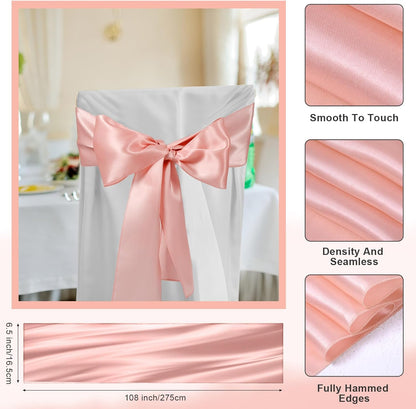 Lounsweer 50 Pcs Folding Chair Cover Set with 25 Stretch Spandex Slipcovers 25 Satin Chair Sashes Bows Ribbon Washable Banquet Protector for Wedding Event Party(White, Rose Gold)