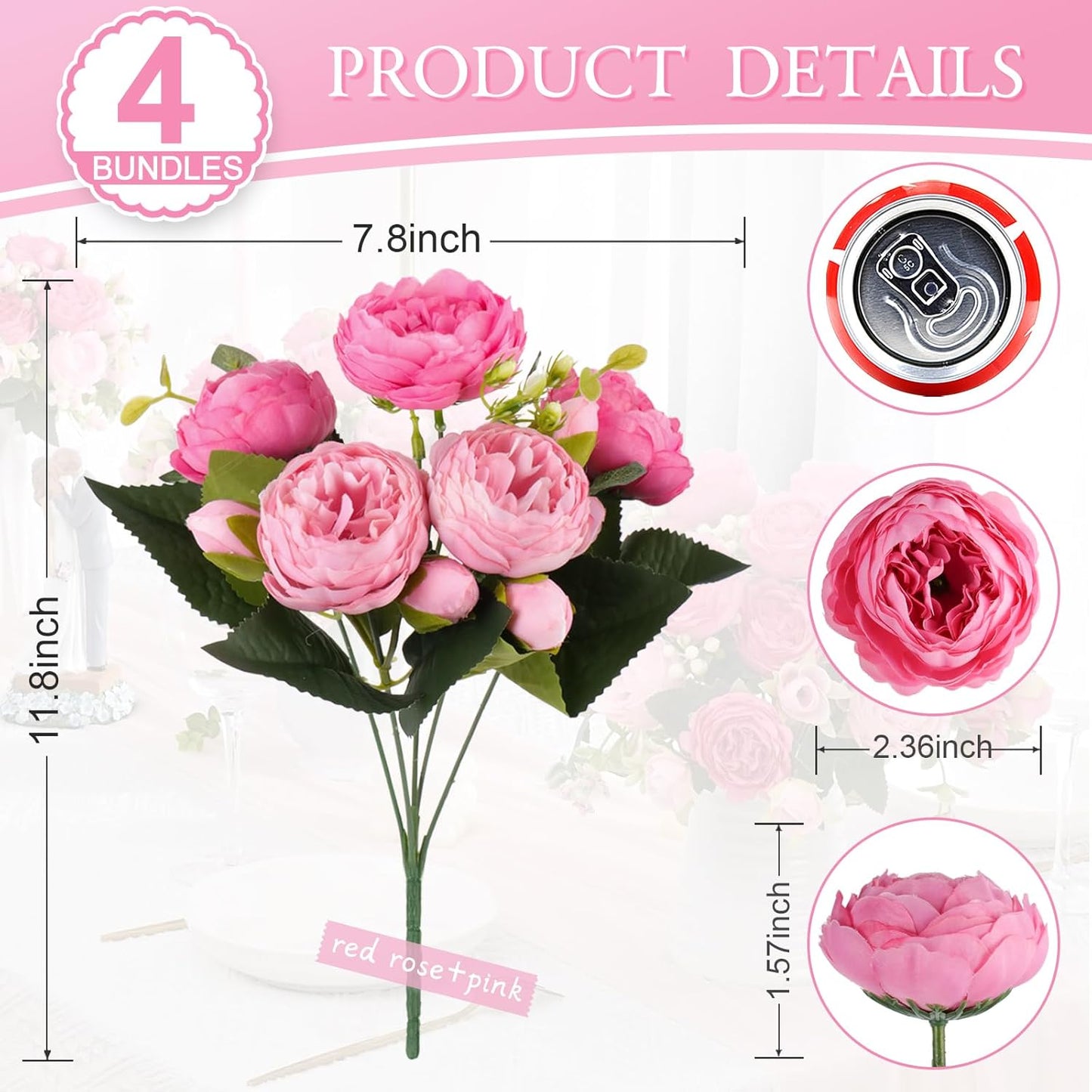 4 Bundles Peonies Artificial Flowers, Fake Silk Peonies Bouquet of Flowers for Home Decor Faux Floral Table Centerpieces for Kitchen Bathroom Wedding Party Decor(Rose Red+Pink)