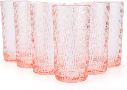KX-WARE 22-ounce Honeycomb Highball Glasses Plastic Tumbler Acrylic Glasses, set of 6 Coral Pink