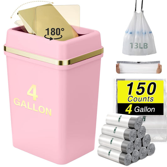 Bathroom Trash Can with Lid 4 Gallon Pink Trash Can Bedroom Trash Can Small Garbage Can with 150 Counts Trash Bags for Small Bathroom Bedroom Office