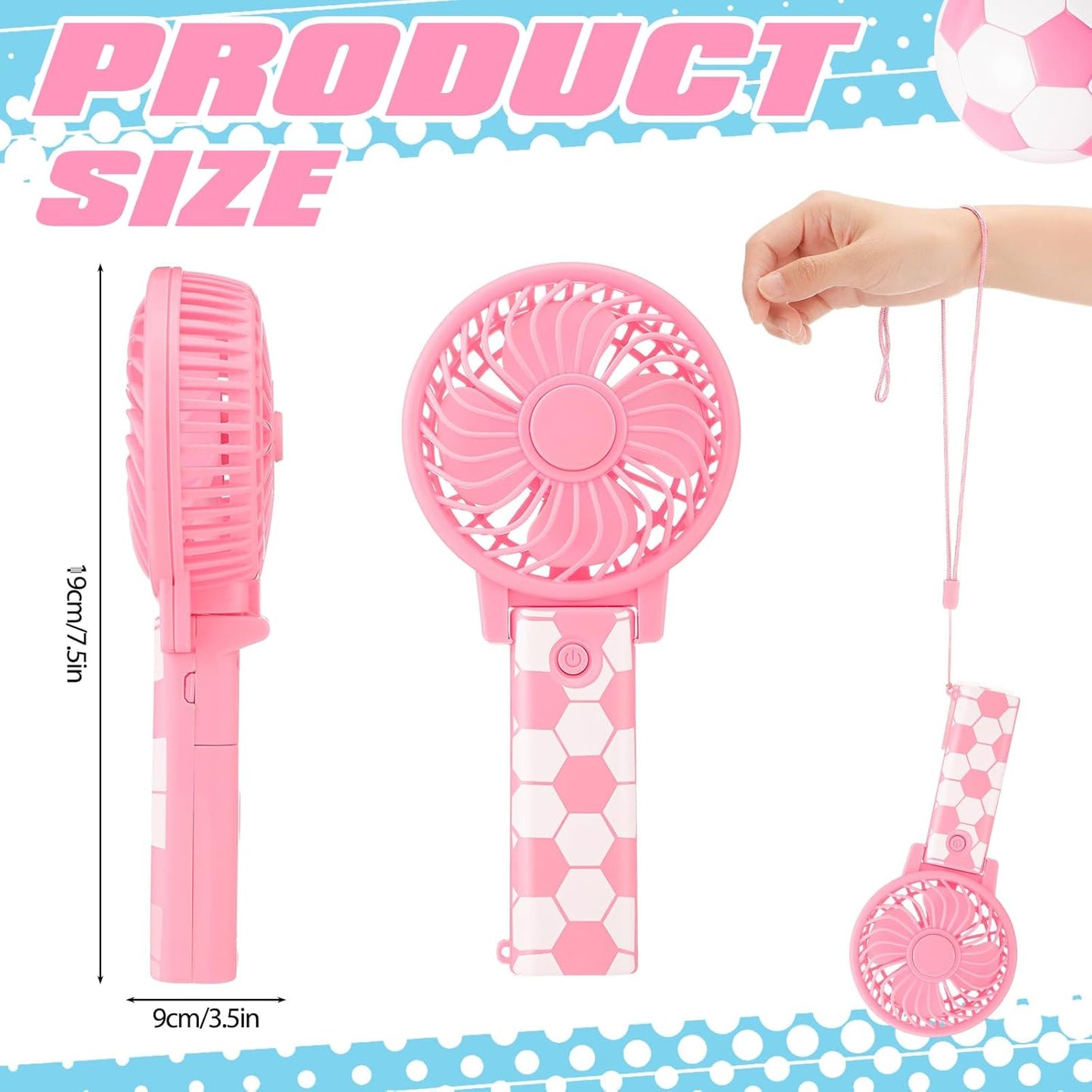Glooglitter 12 Pcs Soccer Portable Fans Foldable Pink Soccer Handheld Fans Bulk with Lanyard Small Personal Fan Favor for Team Gift Outdoor Sport Game Cooling Favors, Battery Not Include