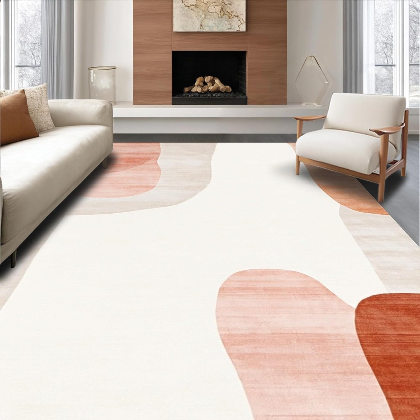 Flatwoven High Traffic Area Rug 5x7, Blush & Ivory Abstract Brushstroke Rug Artistic Flair, Non Slip, Stain Resistant, Washable Area Rugs for Living Room, Bedroom (Peach, 5x7)