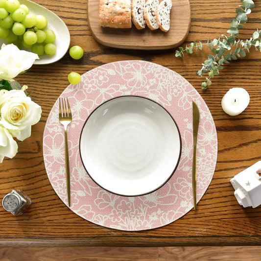 Artoid Mode Pink Florals Butterfly Round Spring Placemats Set of 4, 14 Inch Seasonal Summer Holiday Table Mats for Party Kitchen Dining Decoration