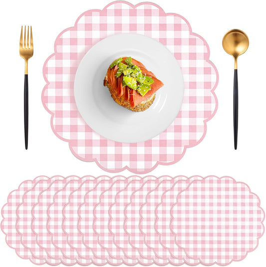NatNarr 60Pcs Pink Gingham Placemats and 30Pcs Pink Gingham Plates
