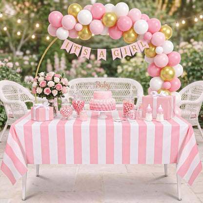 3 Pack Pink Striped Tablecloth, 54 x 108Inch Pink and White Striped Tablecloth Pink Carnival Theme Party Decorations Waterproof Plastic Table Cloth for Birthday Picnic Baby Shower Wedding Halloween