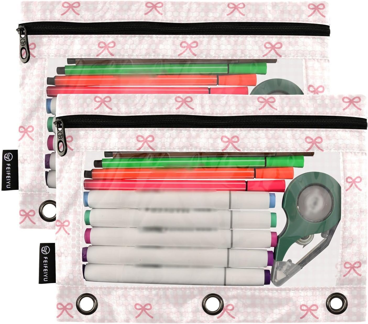 Pencil Pouch for 3 Ring Binder Pink Checkered and Bows 2 Pack Clear Window Pencil Bags with Zipper Pencil Case