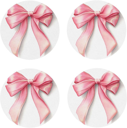 Watercolor Light Pastel Pink Ribbon Bow Drinks Coasters Set of 4 Leather Drink Coasters for Tabletop Protection Heat Resistant Bar Cup Mat Pad