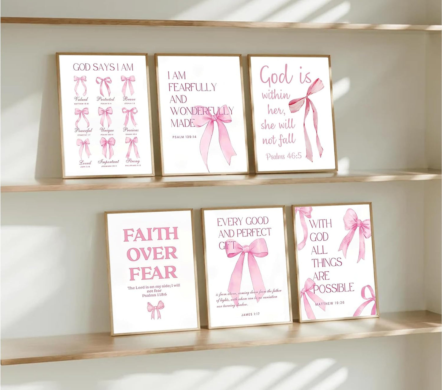6Pcs Pink Christian Wall Art Inspirational Verse Posters Print Cute Coquette Bow Canvas Pictures for Girls Room Dorm Bathroom Bedroom Wall Decor 8x10In Unframed