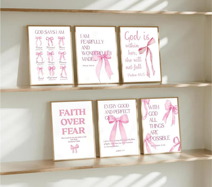 6Pcs Pink Christian Wall Art Inspirational Verse Posters Print Cute Coquette Bow Canvas Pictures for Girls Room Dorm Bathroom Bedroom Wall Decor 8x10In Unframed