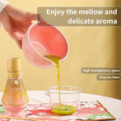 8-Piece Matcha Ceremony Set - Tea Kit with Cherry Blossom Bowl, Bamboo Whisk, Wood Scoops, Tea Cloth & Floral Display - Gift-Ready Pink Cherry color box (pink)