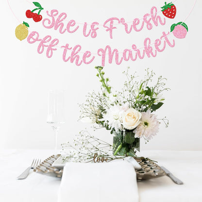 GXSOVSO She is Fresh off the Market Banner, Fruit Bridal Shower Banner, Market Farmers Bachelorette Party Decorations, Engagement Party Decorations (Pink)