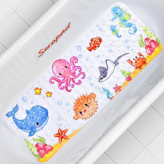 Secopad Bath Mat for Tub Non Slip, Machine Washable Anti-Slip Cartoon Baby Bathtub Shower Mat with Drain Holes and Suction Cups for Toddler & Kids, 40 Inch x 16 Inch-Rectangular, Pink Octopus
