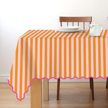 Whaline Scalloped Edge Tablecloth, Orange Pink Striped, 55 x 70 Inch | Waterproof Fabric Tablecloth, Rectangle Table Cover, for Home Kitchen Table Decoration