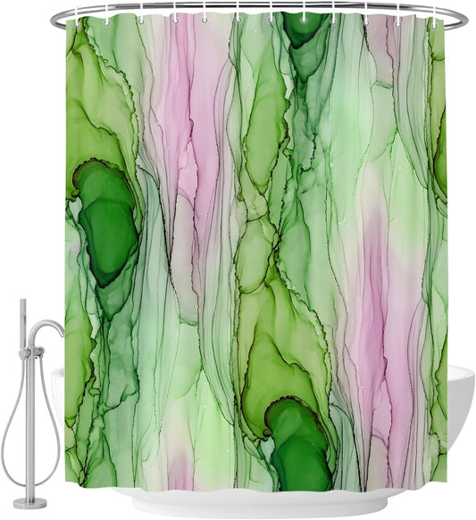 Green Pink Ink Marble Shower Curtain with 12 Hooks, Nautical Water Ripples Abstract Waterproof Fabric Shower Curtains Sets for Bathroom Bathtub Decorations, Machine Washable, 48"x72"