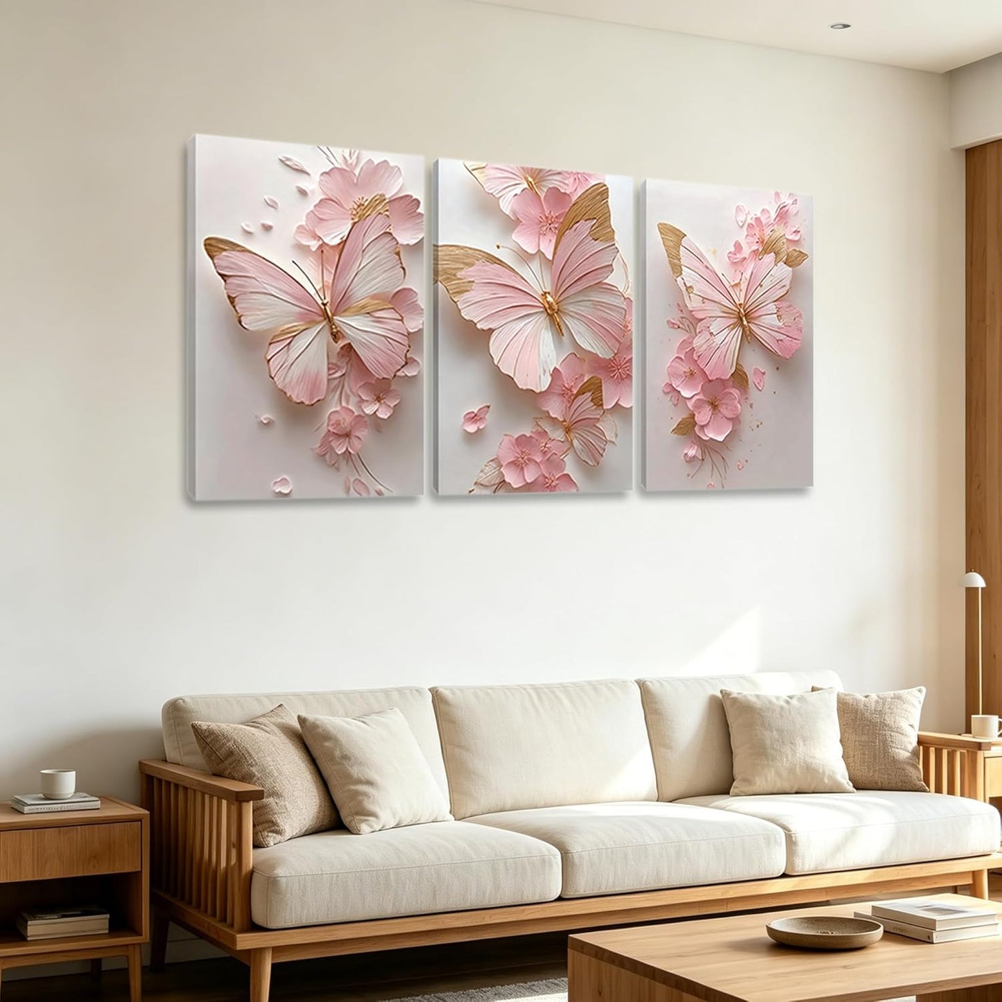 3 Pcs Pink Butterfly Floral Canvas Wall Art, Pink and Gold Room Wall Decor, HotPink Flower Painting Poster, Aesthetic Butterfly Picture for Grils Room Living Room Bathroom Bedroom Home Decorations 12 * 16 in (Stretched Canvas on A Wooden Frame)