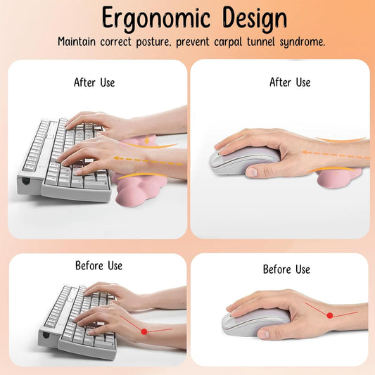Keyboard Wrist Rest Mouse Wrist Support Set, Cloud Keybroad Wrist Rest Pad with Non-Slip PU Base, Memory Foam Wrist Rest for Pain Relief Computer Laptop Gaming Home Office, Pink