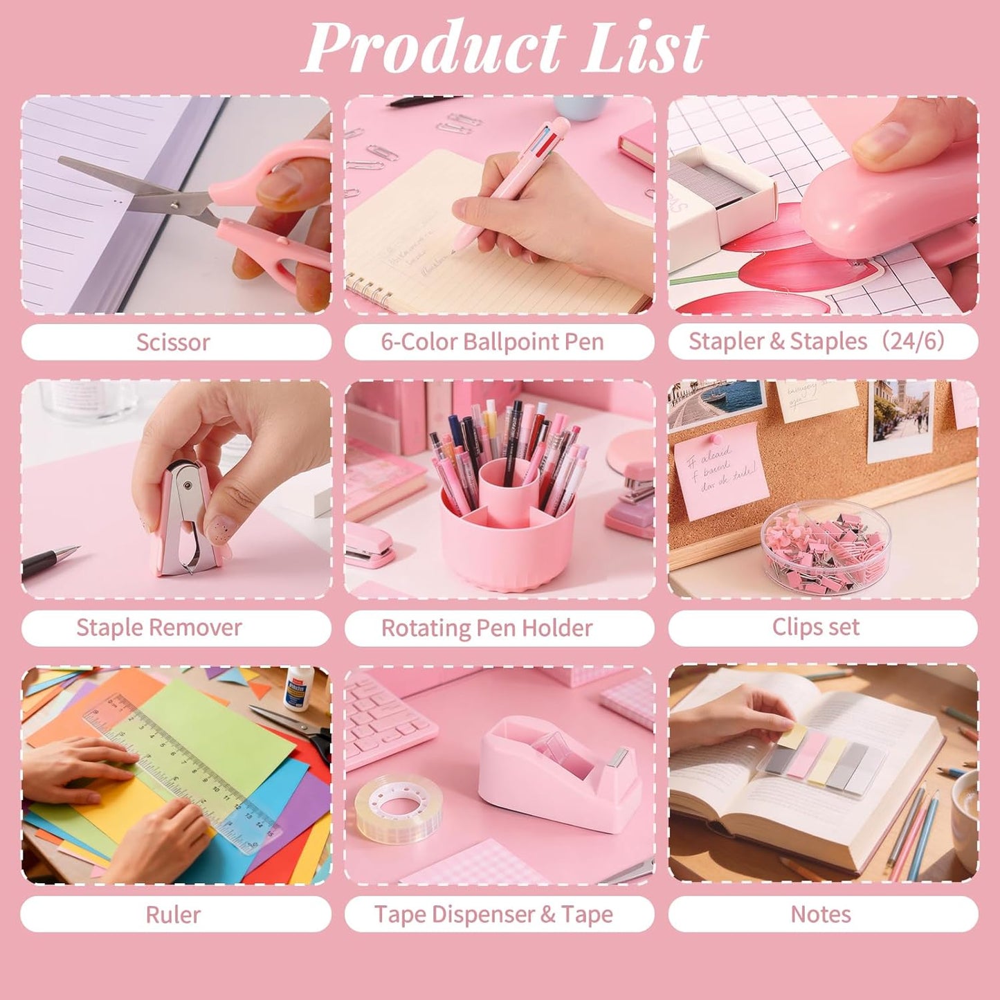 Pink Desk Accessories, 11Pcs Desk Organizer with 360°Rotating Pen Holder, Stapler, Staples, Staple Remover, Pen, Ruler, Tape Dispenser, Tape, Clips, Scissor, Notes, Office Supplies