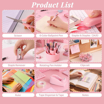 Pink Desk Accessories, 11Pcs Desk Organizer with 360°Rotating Pen Holder, Stapler, Staples, Staple Remover, Pen, Ruler, Tape Dispenser, Tape, Clips, Scissor, Notes, Office Supplies