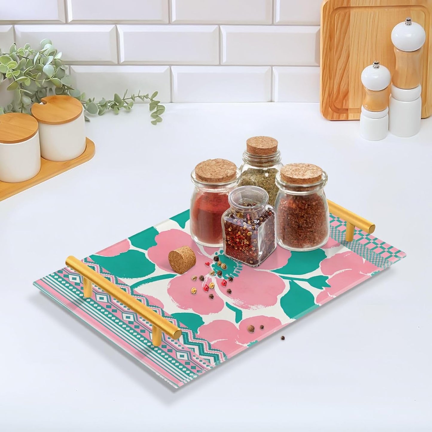 Peach Simple Floral Decorative Rectangle Trays with Handles Modern Serving Tray for Jewelry Perfume for Farmhouse Serving bandeja de decoracion para sala