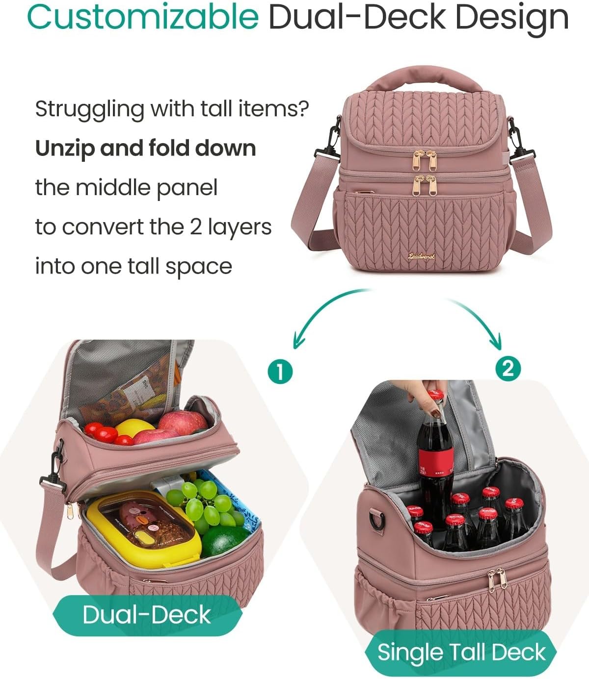Lunch Bag Women, Double Deck Insulated Lunch Box - Large Capacity 12L with Detachable Divider for Tall Items, Leakproof, Durable & Reusable Cooler Bag For Work Picnic Travel, Quilted Pink