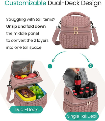 Lunch Bag Women, Double Deck Insulated Lunch Box - Large Capacity 12L with Detachable Divider for Tall Items, Leakproof, Durable & Reusable Cooler Bag For Work Picnic Travel, Quilted Pink